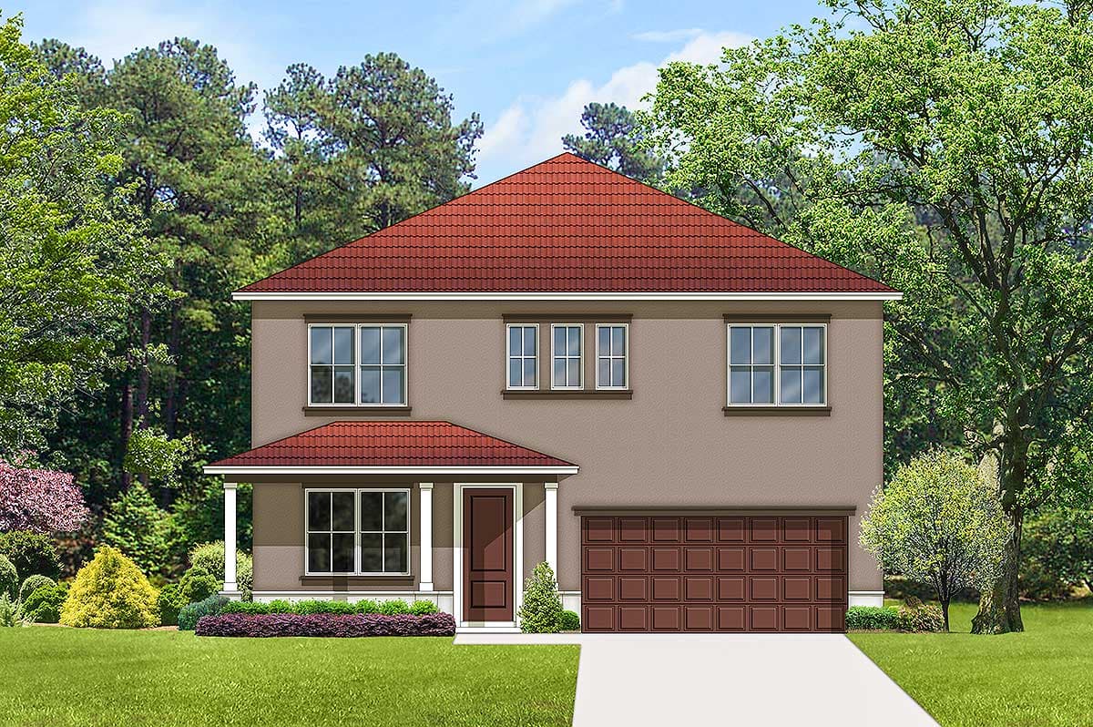 Two-story house plan exterior with red tile roof, front-facing garage, covered entry with columns, and multiple windows.