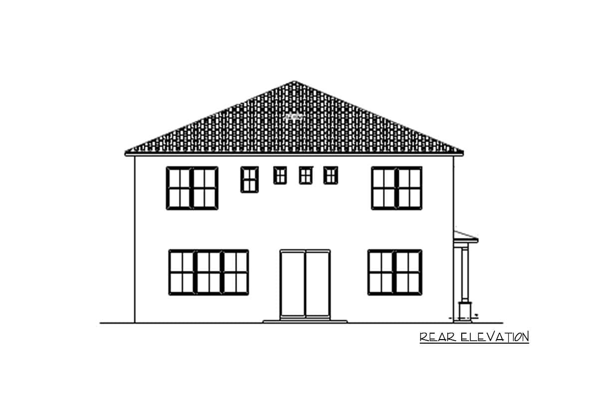 Rear elevation house plan. Two stories, hipped roof, central double doors, multiple windows, and a small side porch.