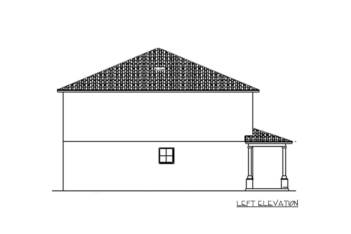 Left elevation drawing of a two-story house plan featuring a prominent gable roof, a single window, and a covered porch with two columns.