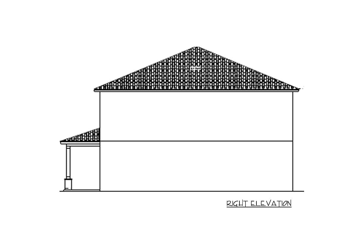 Right elevation drawing of a two-story house plan with a hip roof and a covered porch.