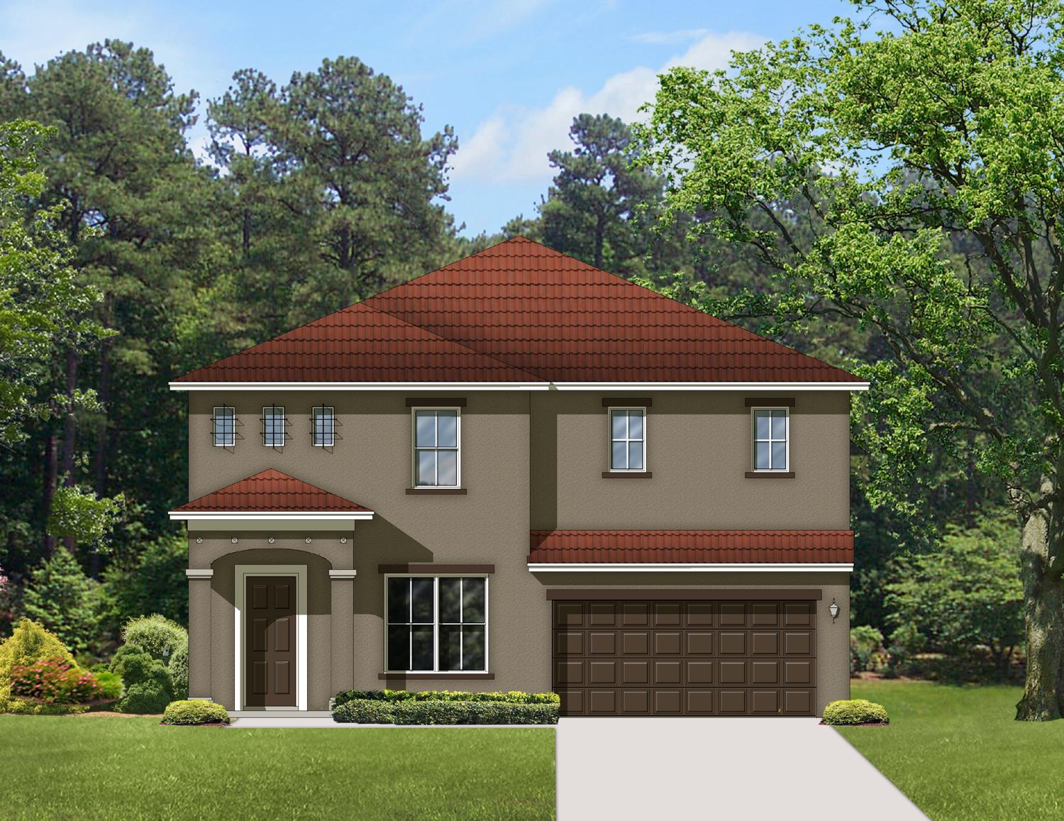 Two-story house plan exterior with arched entryway, hipped roof, multiple windows, and attached two-car garage.
