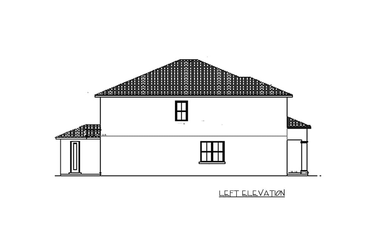 Left elevation drawing of a two-story house plan featuring a gable roof, front porch with columns, and multiple windows.