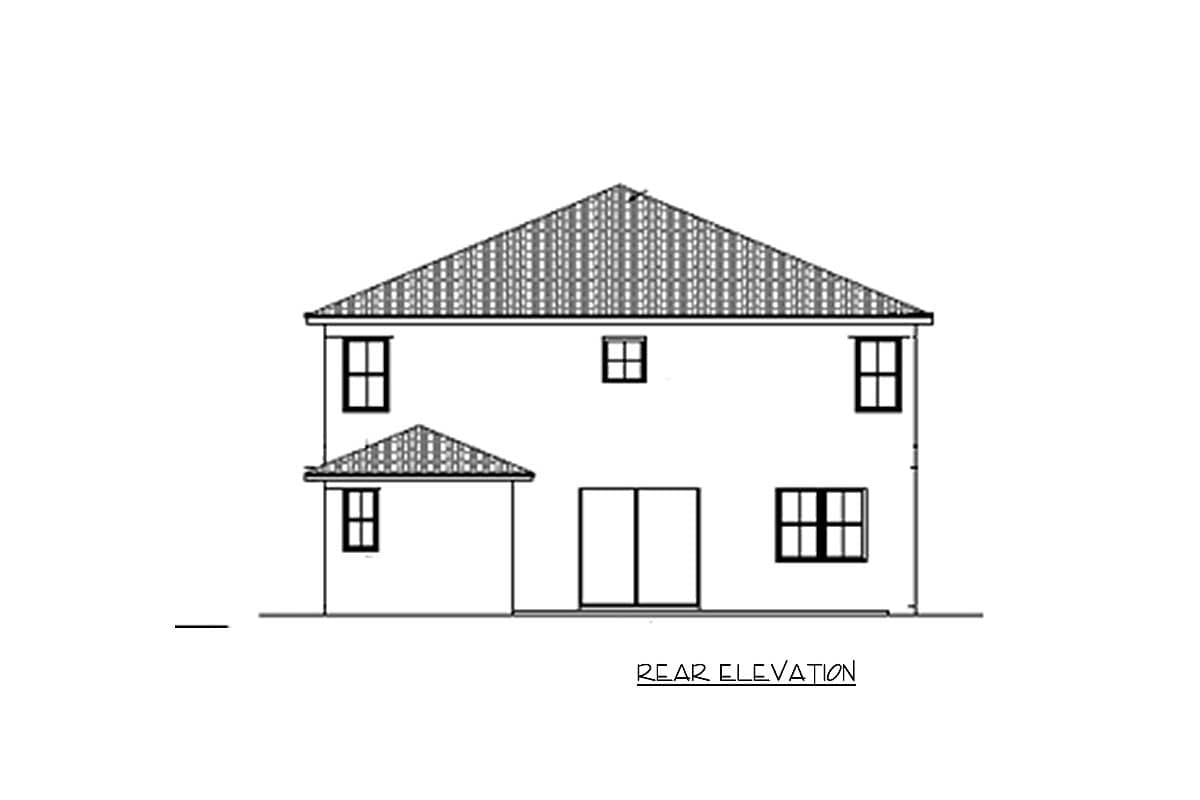 Rear elevation drawing of a two-story house with a gabled roof, multiple windows, and sliding glass doors.