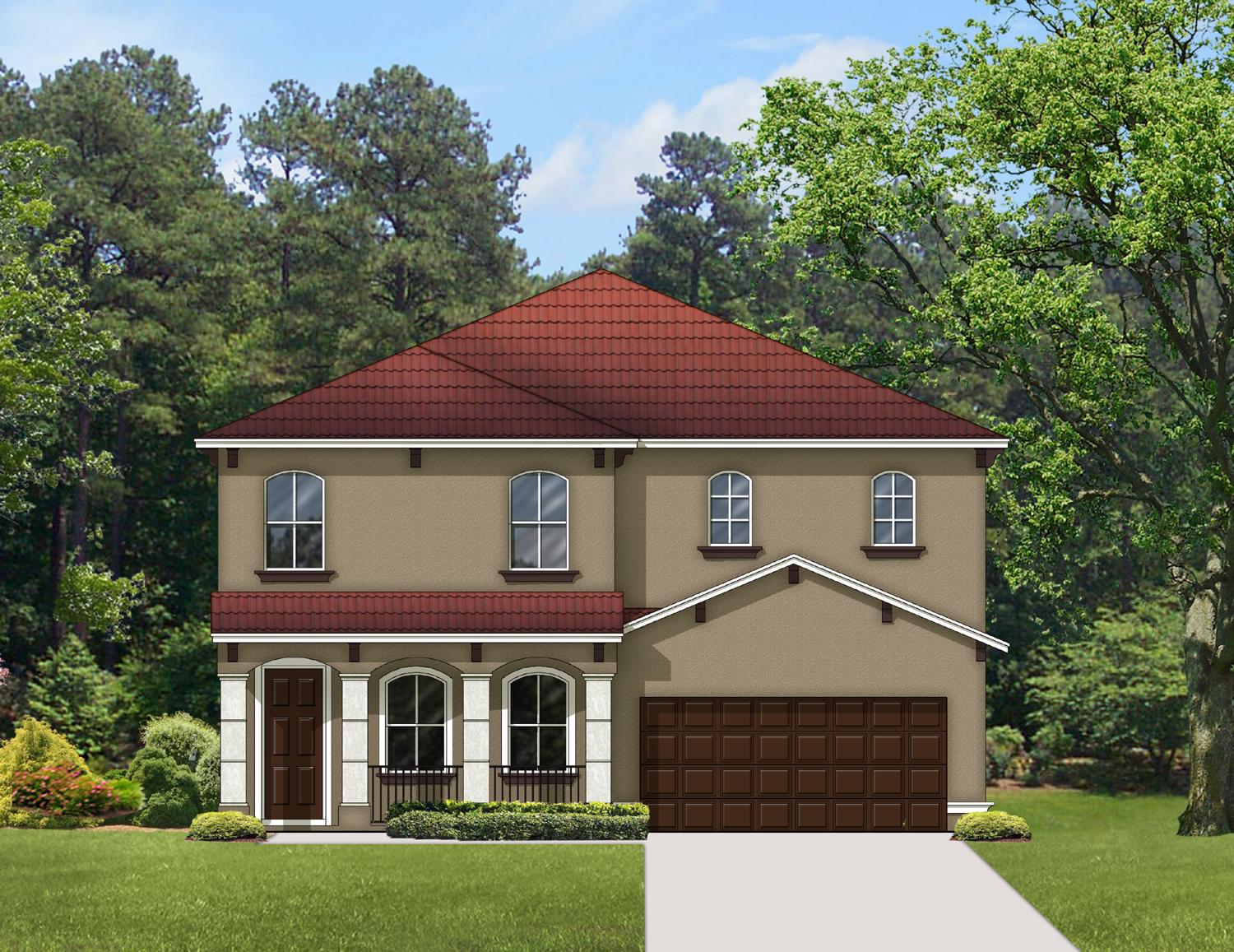 House plan exterior: two-story Mediterranean style with tiled roof, arched windows, columns, and a two-car garage.
