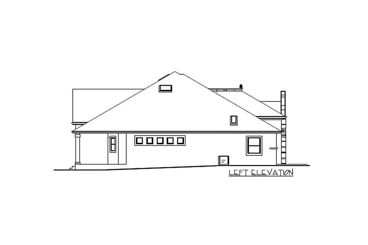 Left elevation drawing of a house plan showing a hip roofline, gabled dormers, a porch with columns, and various windows.