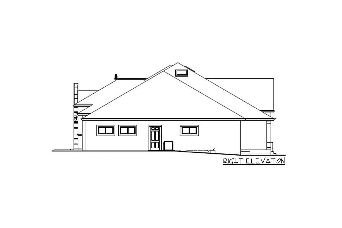 Right elevation drawing of a one-story house with multiple gables, a covered porch, and a central entrance.