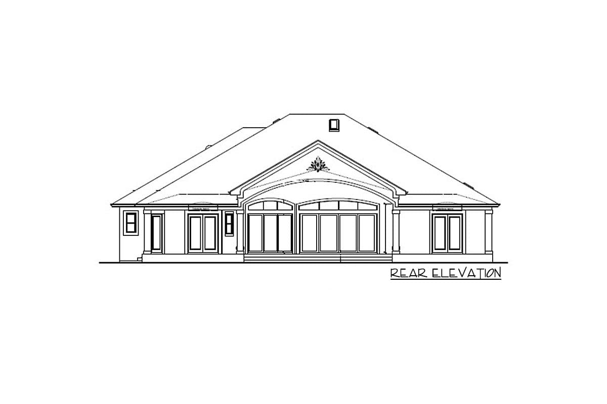 Rear elevation drawing of a house plan featuring a hipped roof, multiple large windows, and a central gable.