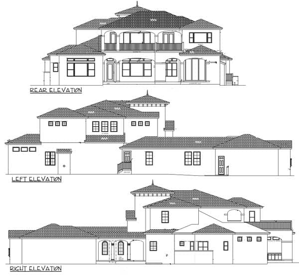 Rear, left, and right elevation drawings of a multi-story house plan with a tiled roof and balconies.