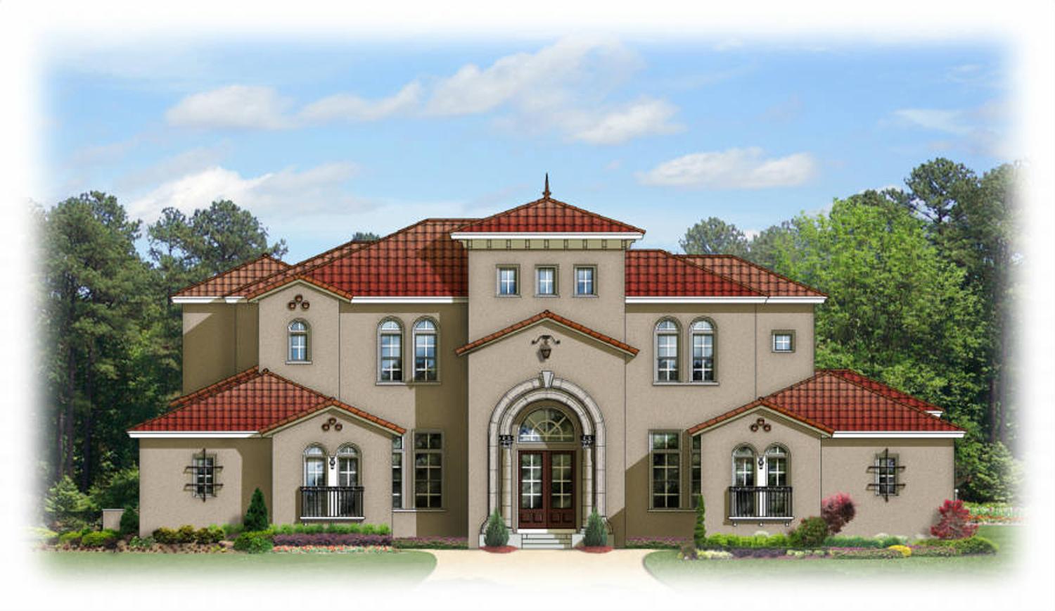 House plan exterior: Mediterranean style, two stories, arched entry, tile roof, balconies, and dormers.