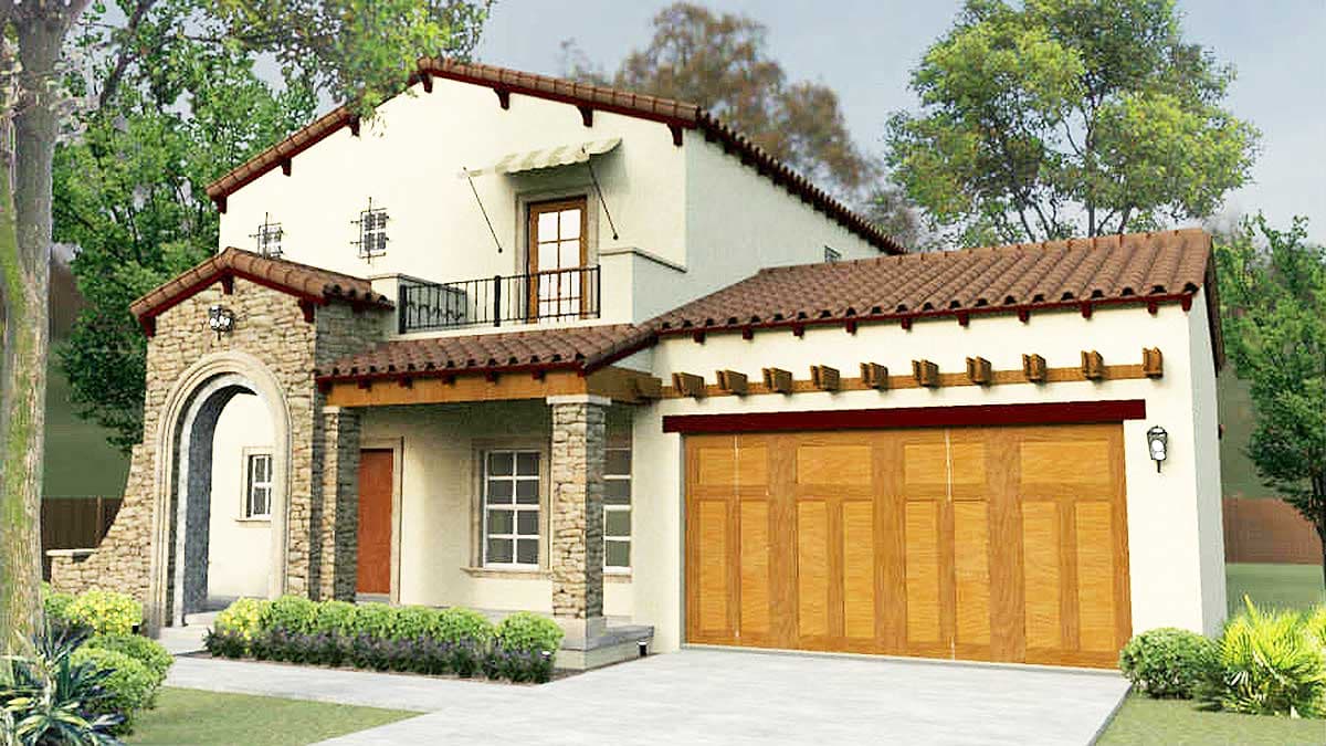 House plan exterior: Two-story Spanish-style home with arched entryway, tiled roof, and attached wood garage doors.