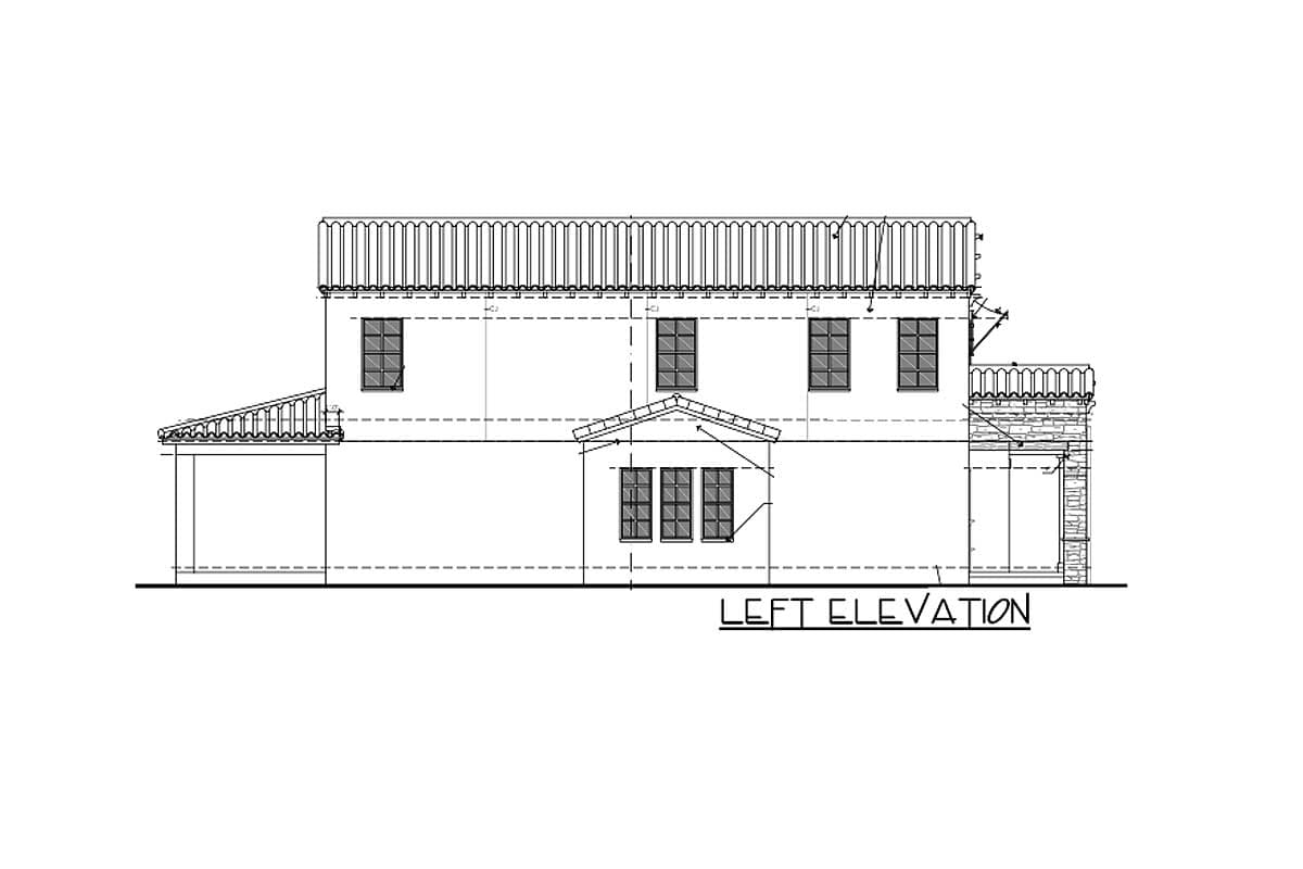 Left elevation of a two-story house plan featuring a tile roof, multiple windows, and a covered porch.
