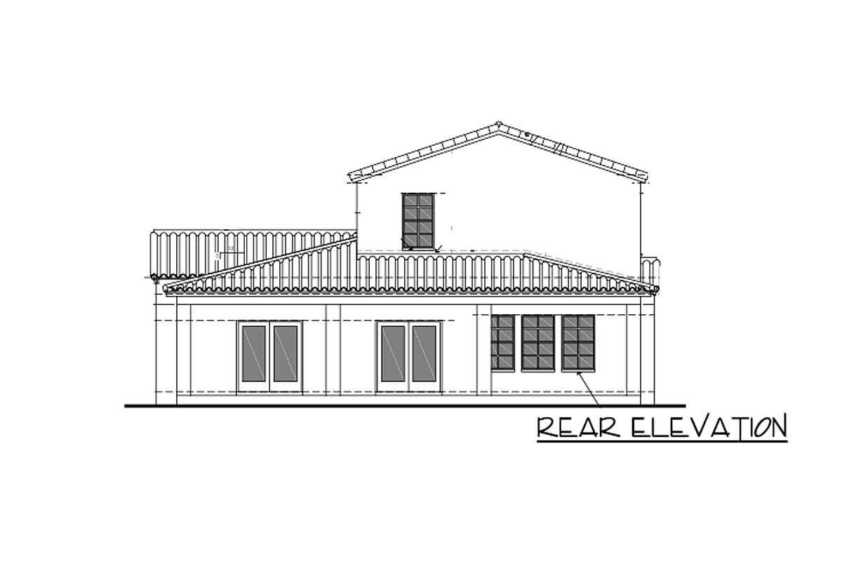 Rear elevation drawing of a house plan featuring a tiled roof, multiple windows, and two sets of French doors.
