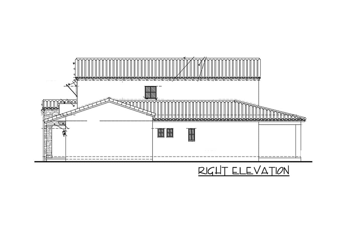 Right elevation drawing of a two-story house plan with a tiled hip roof, multiple gables, and windows.