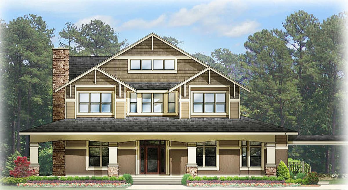 Craftsman house plan exterior with a wide covered porch, stone chimney, and multiple gables.