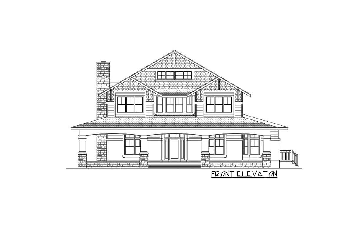 Front elevation drawing of a two-story house plan featuring a prominent stone chimney, a wraparound porch with stone pillars, and multiple gables.