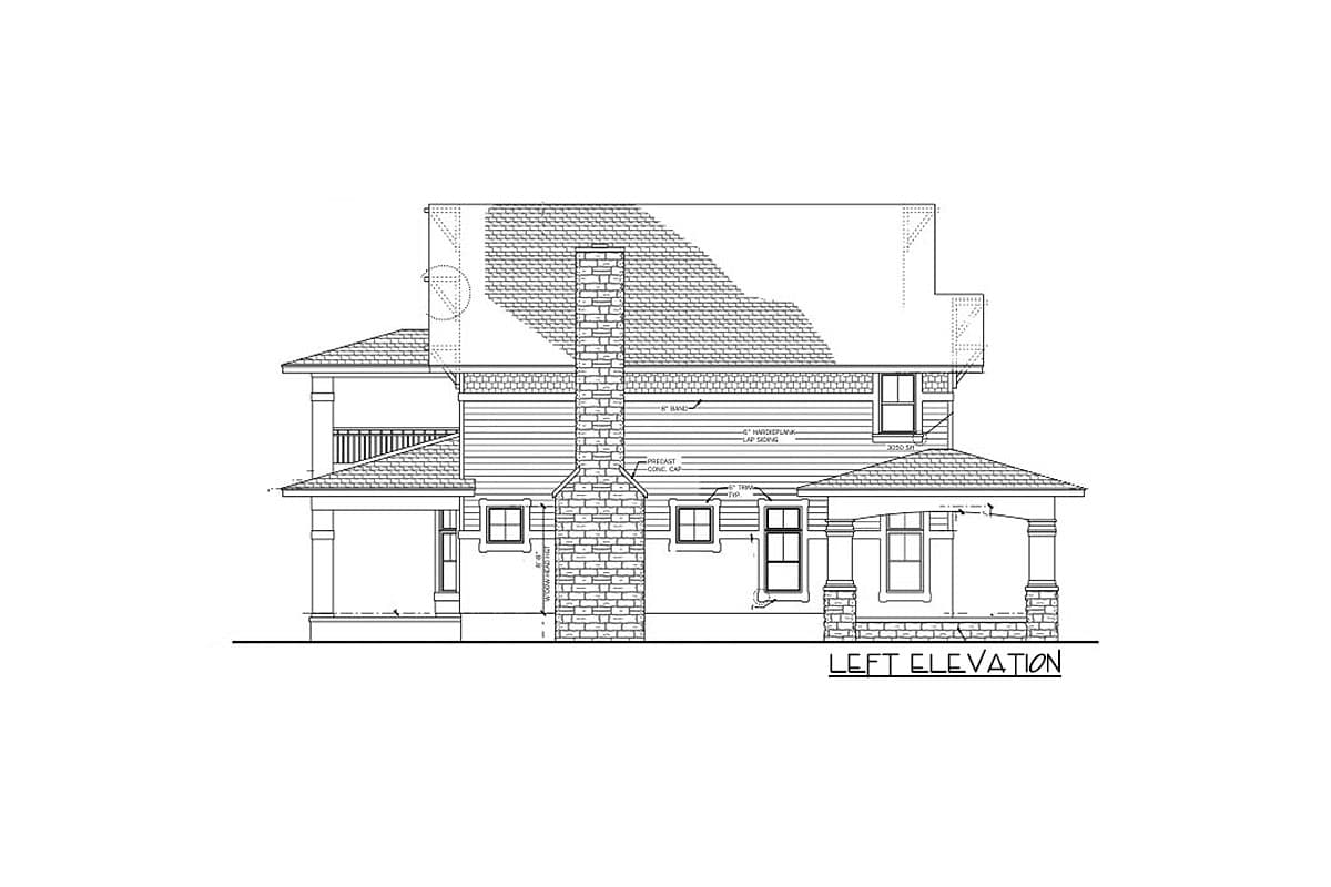 Left elevation house plan showing a two-story structure with a prominent brick chimney, covered porch, and varied rooflines.