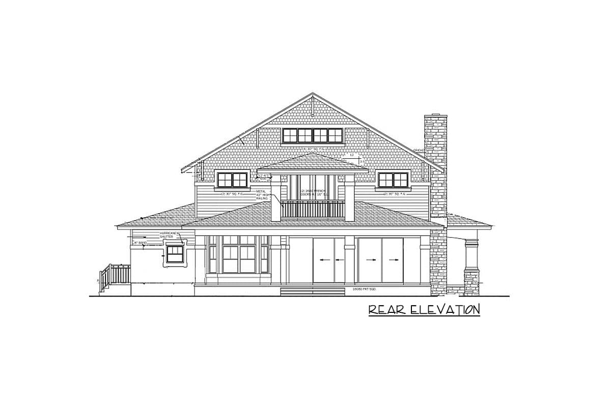 Rear elevation house plan. Two-story home with gabled roof, dormers, covered balcony, and stone chimney.