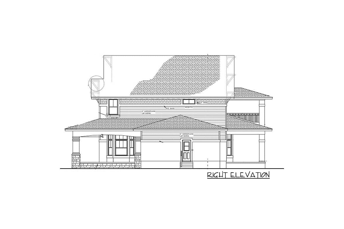 Right elevation house plan drawing with a two-story structure, gabled roof, porch with columns, and lap siding.