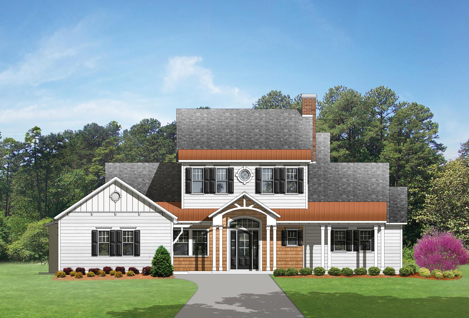 House plan exterior featuring a two-story design with a prominent central entrance, dormers, gables, and a brick chimney.
