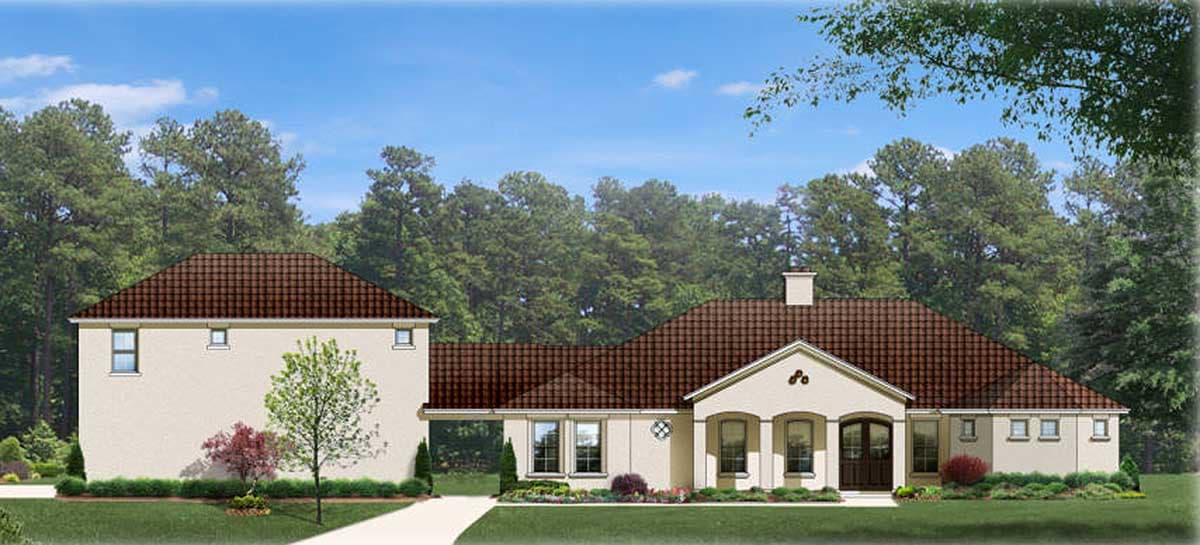 House plan exterior with a tiled roof, arched entryway, multiple gables, and attached garage.