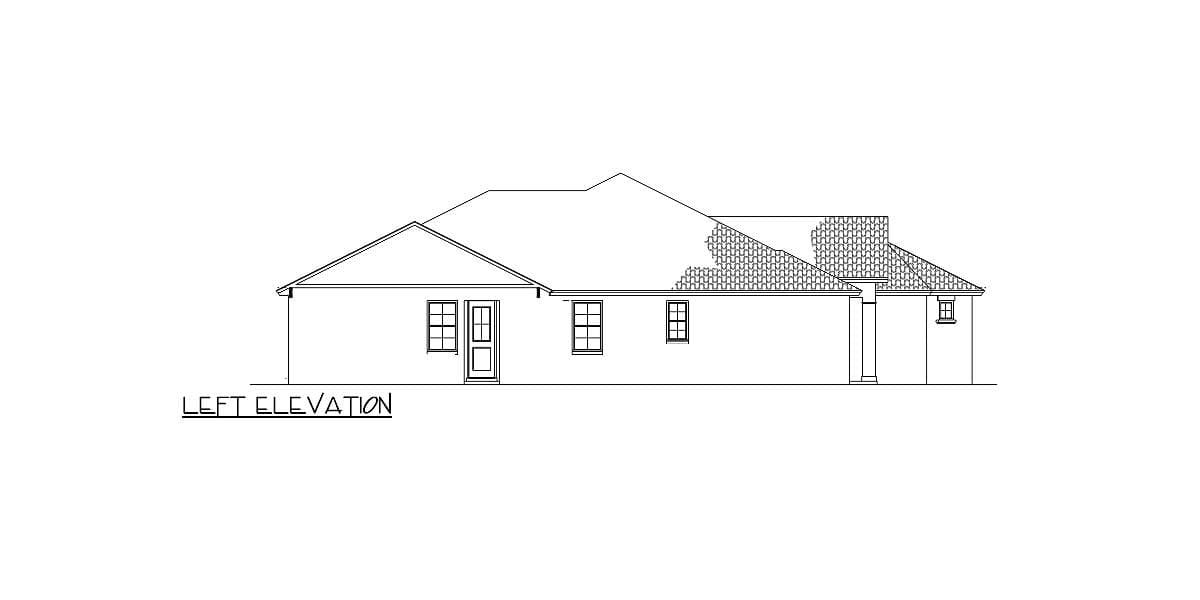 Left elevation drawing of a house plan, showing multiple windows, a prominent roofline, and a covered entrance with a column.
