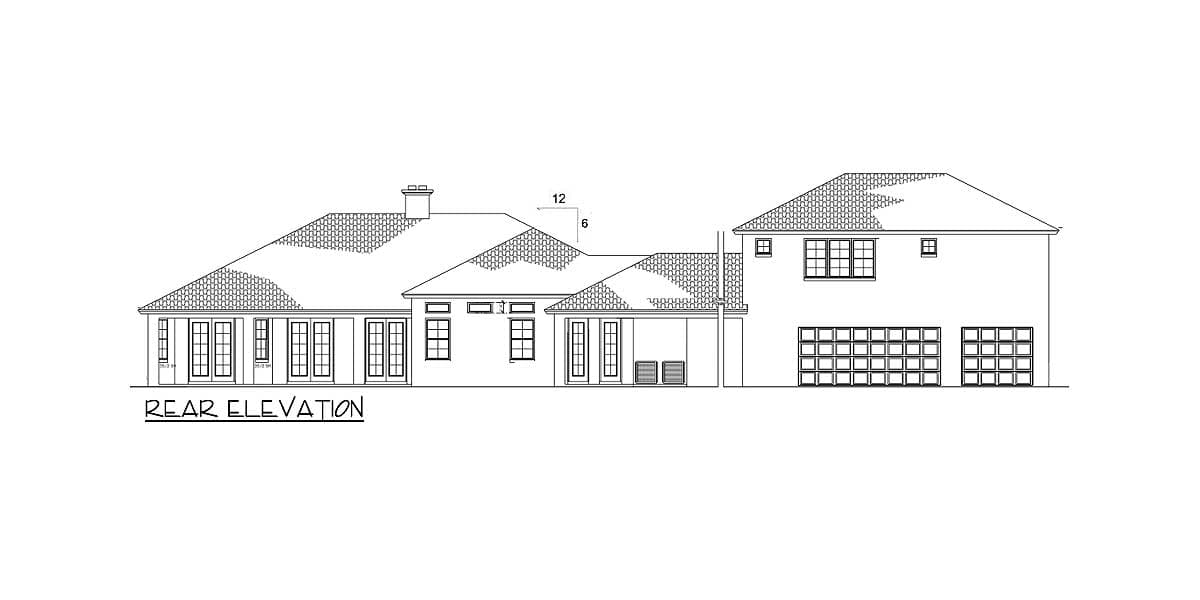 Rear elevation drawing of a house plan featuring multiple gables, French doors, a covered patio, and a three-car garage.