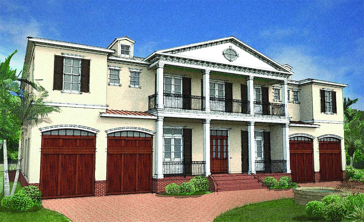 House plan exterior: Two-story structure with a central portico, balconies, arched garage doors, and dormer windows.