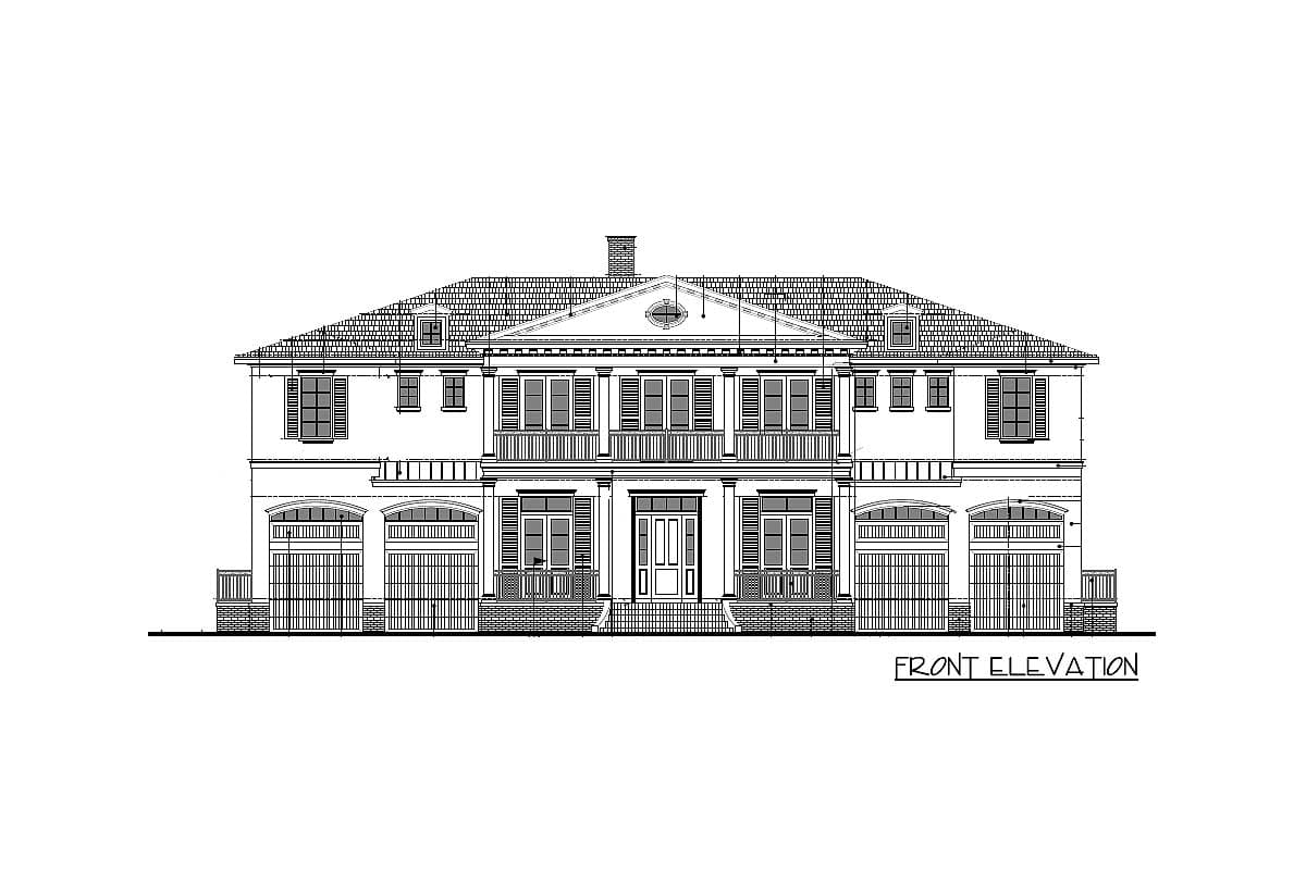 Front elevation drawing of a two-story house plan with a central portico, balconies, dormers, and arched garage doors.