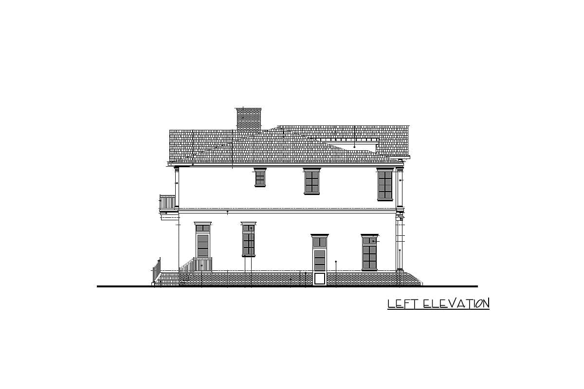 Left elevation drawing of a two-story house with a hipped roof, dormer, chimney, and side porch.