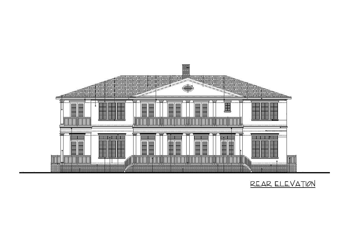 Rear elevation drawing of a two-story house with a hipped roof, balconies, and multiple windows.