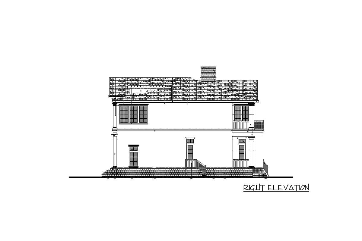 House plan right elevation showing a two-story structure with a gabled roof, chimney, bay window, and balcony.