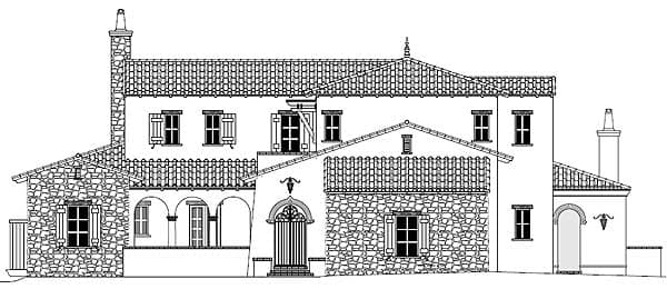 House plan exterior: Mediterranean style, multiple gables, arched loggia, stone accents, and prominent chimney.