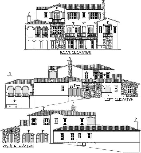 Rear, left, and right elevation drawings of a multi-story house with Mediterranean architectural elements, including arched openings and stone facade.