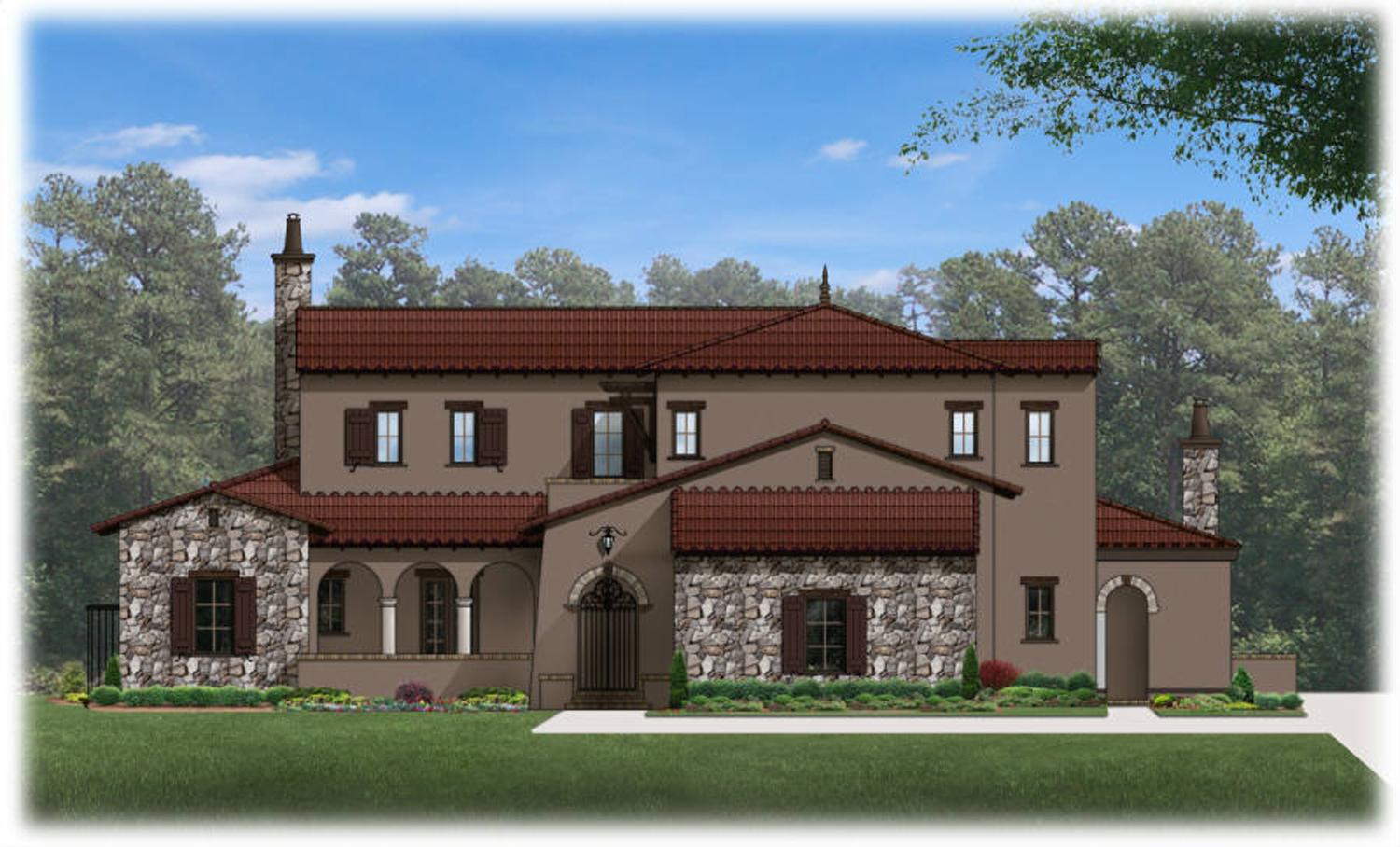 House plan exterior: two-story Mediterranean style with stucco, stone accents, arched loggia, and tile roof.