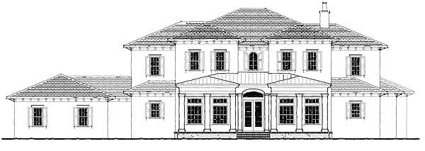 House plan exterior drawing of a two-story home with a central portico, multiple gables, and a hipped roof.