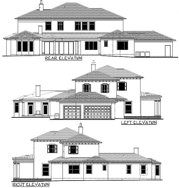 Rear, left, and right exterior elevations of a two-story house plan featuring a hip roof, multiple windows, and a three-car garage.