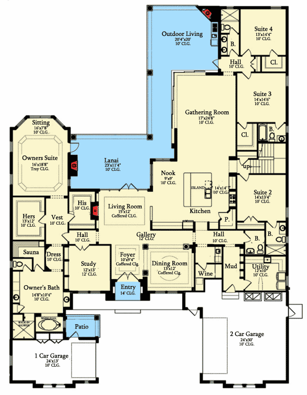 Plan 82077KA: Spacious and Luxurious Floor Plan - Floor Plan - Main Level - European, Florida-Style, Mediterranean