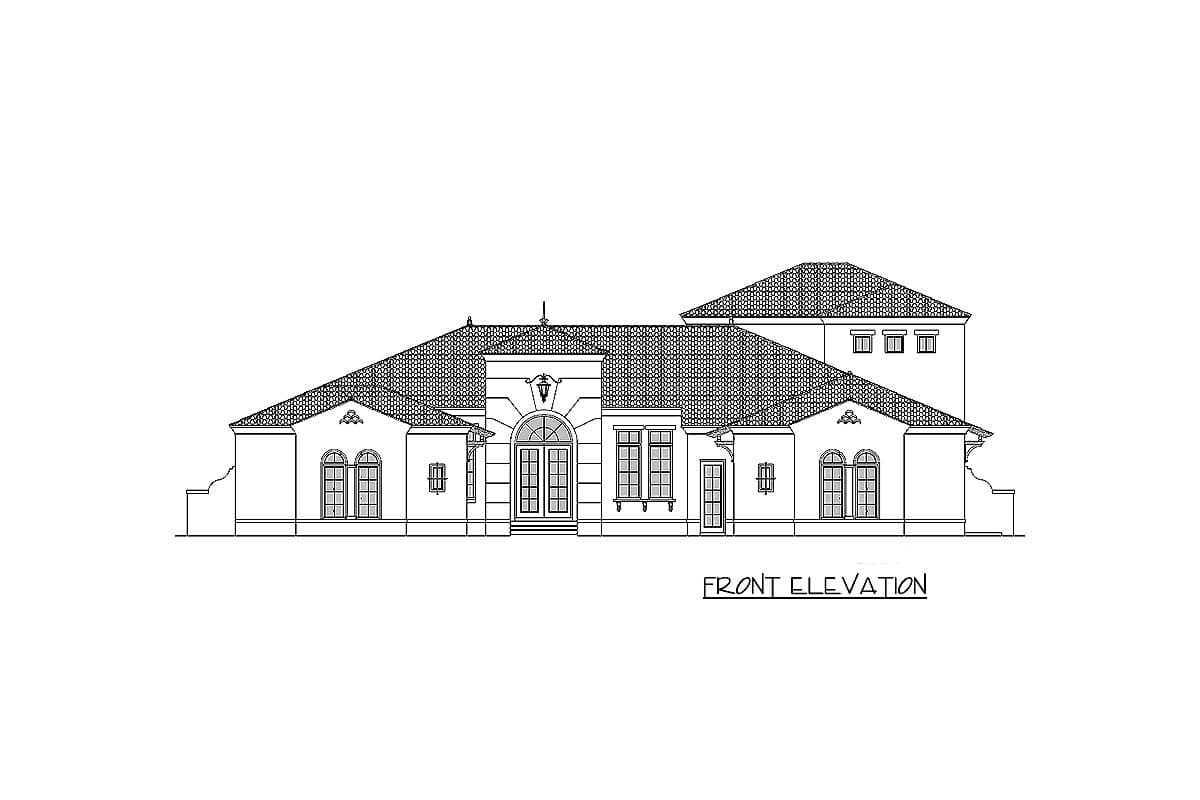 Front elevation drawing of a one-story house plan with a prominent arched entryway, multiple gables, and various window styles.