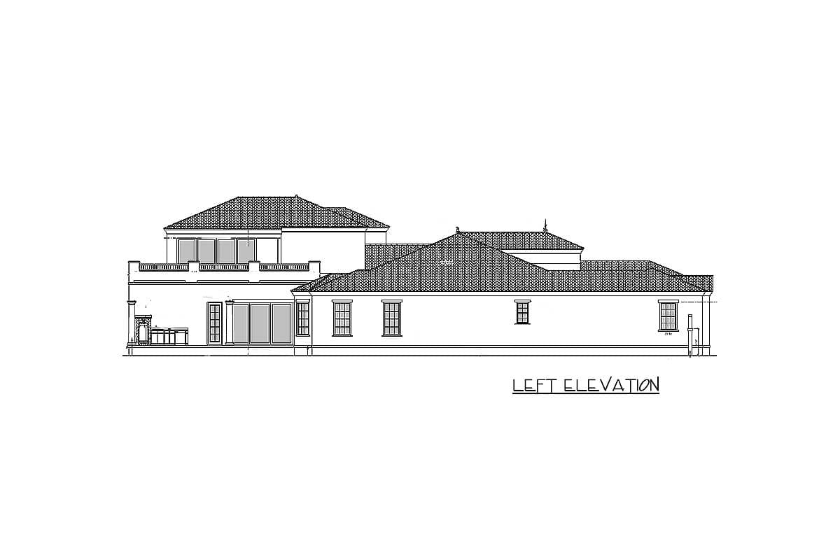Left elevation house plan showing a two-story structure with multiple rooflines, upper-level balcony, and various window styles.