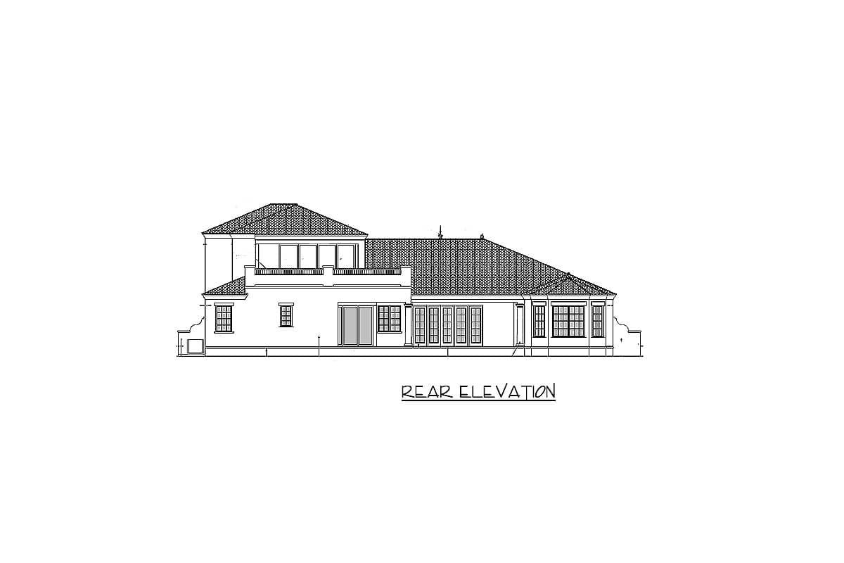 Rear elevation drawing of a multi-story house with tiled roof, balcony, and numerous windows.