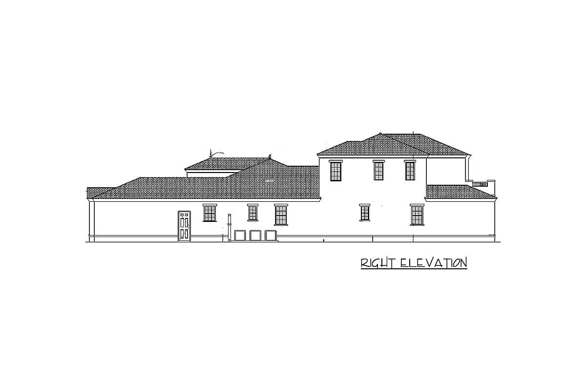 Right elevation drawing of a two-story house plan with multiple rooflines, a double door, and numerous windows.