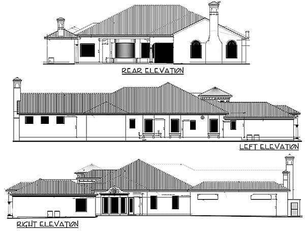 Architectural house plan elevations: rear, left, and right views showing rooflines, windows, doors, and chimneys.