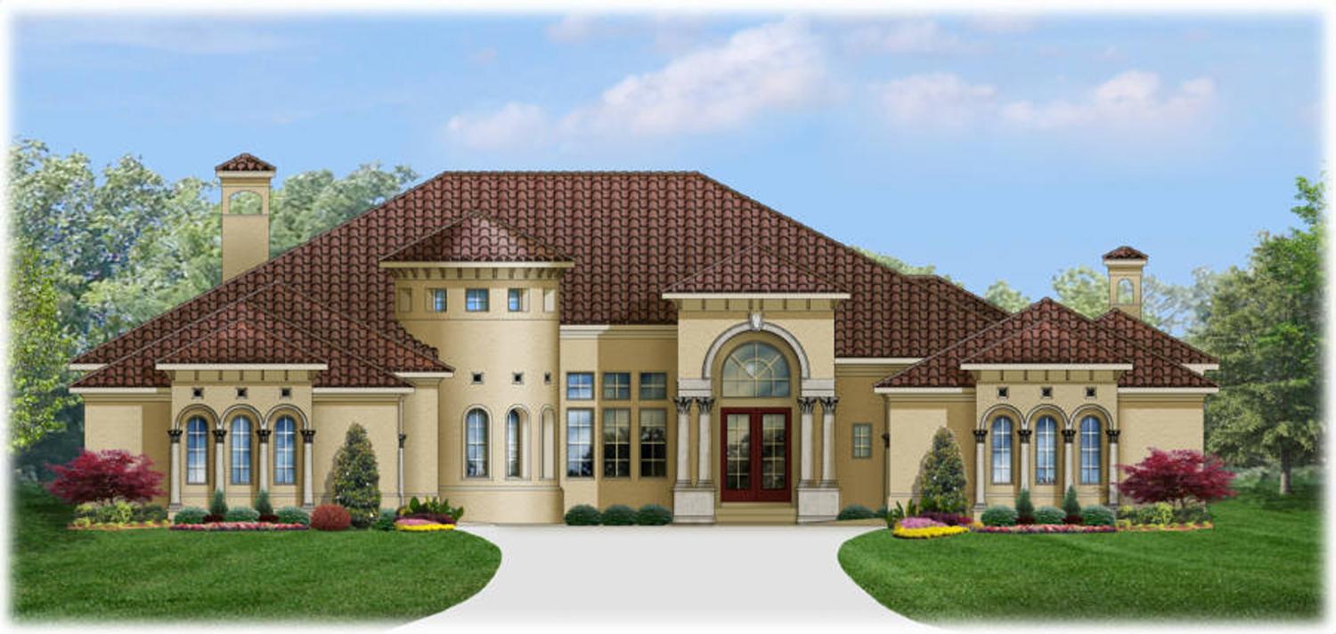 House plan exterior: Tuscan style, one story, arched windows, tile roof, central entry with columns and double doors.