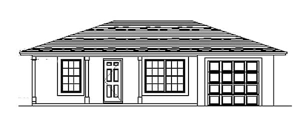 House plan exterior drawing showing a single-story home with a covered front entry, two windows, and a two-car garage.
