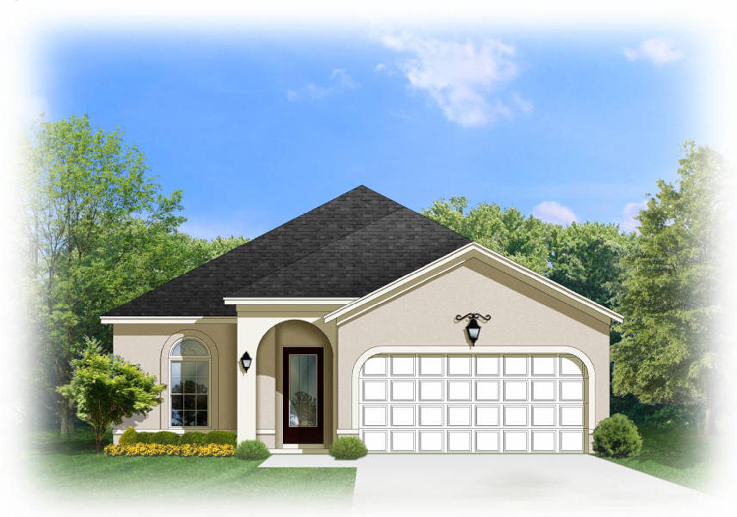 House plan exterior: One-story home with arched entry, arched window, and a two-car garage with arched door.