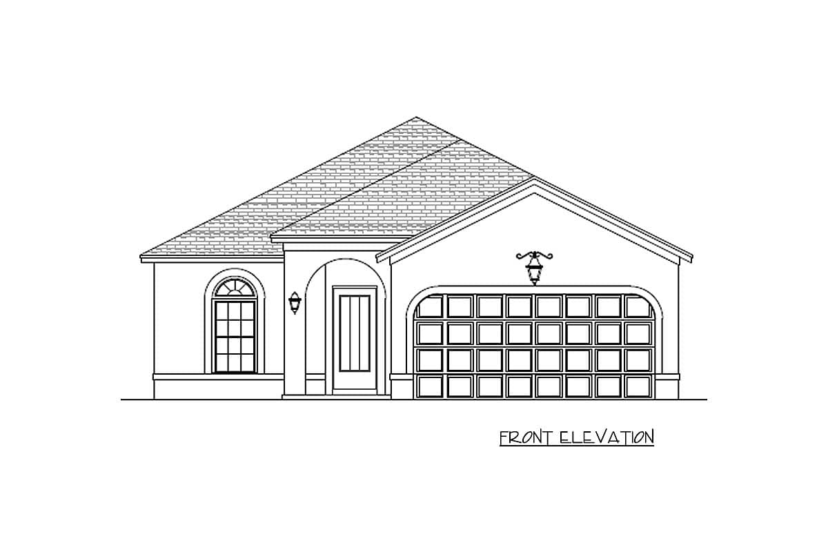 Front elevation drawing of a single-story house with arched entry, arched garage door, and hip roof.
