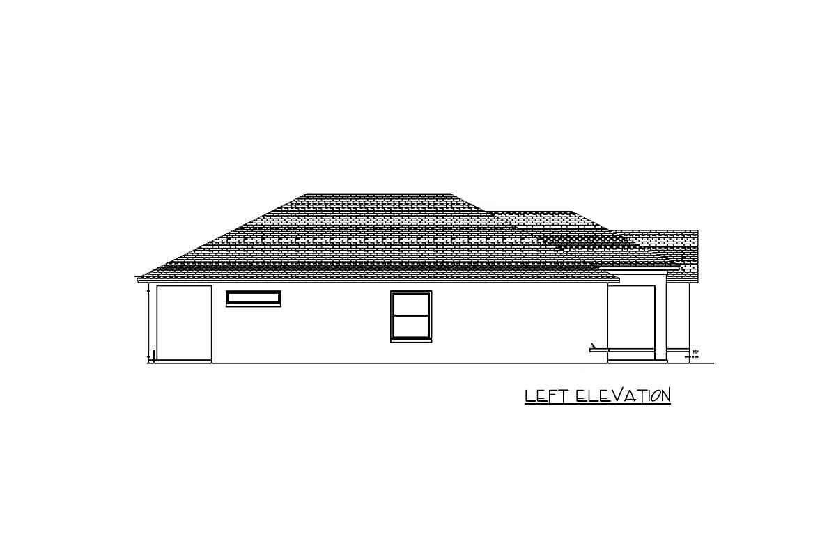 Left elevation drawing of a house plan, showing a single story with a prominent roofline, one window, and a covered porch.