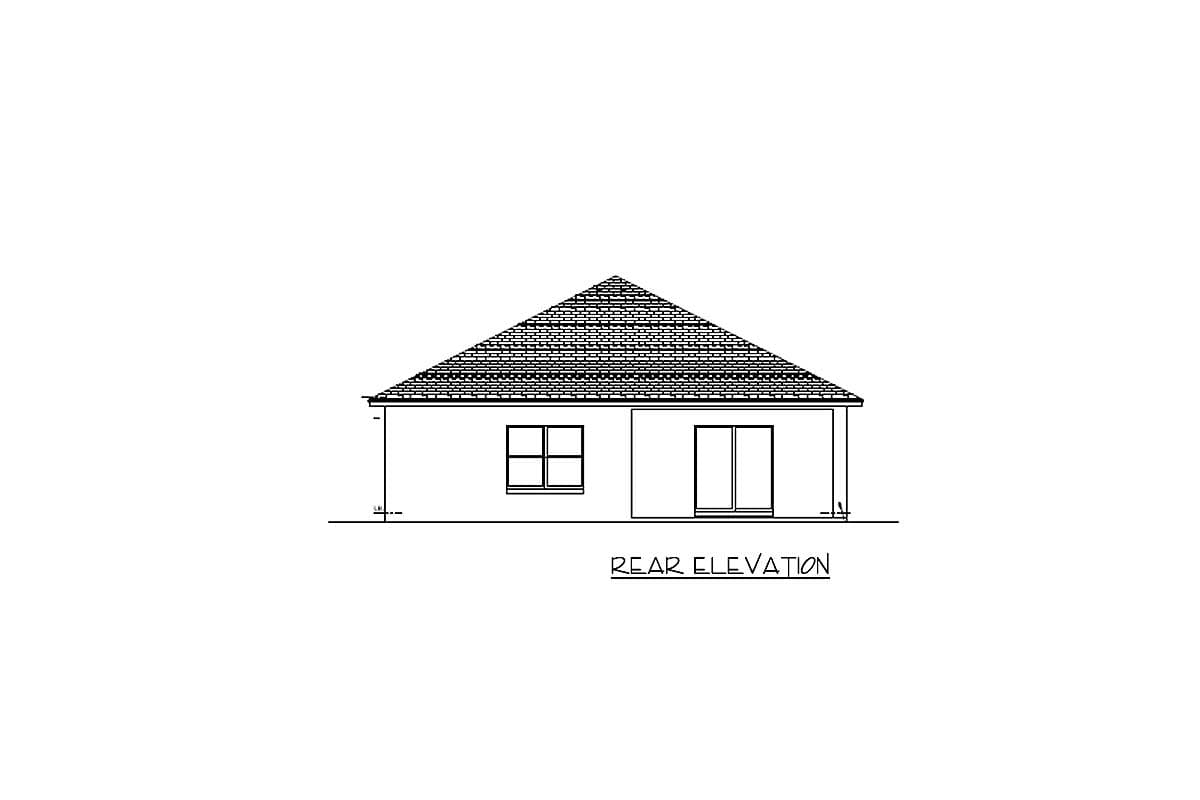 Rear elevation drawing of a one-story house plan with a hip roof, a square window, and sliding glass doors.