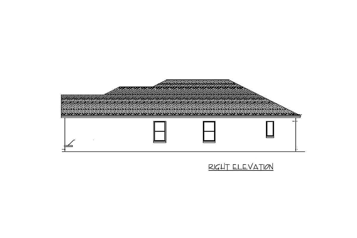 Right elevation drawing of a single-story house plan, showing a hip roof and three windows.