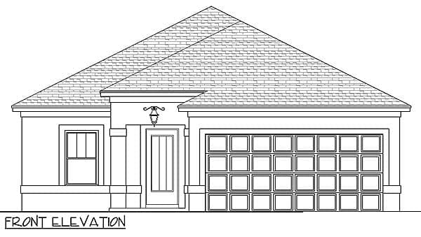 Front elevation drawing of a one-story house with a gable roof, single-car garage, and covered entry.